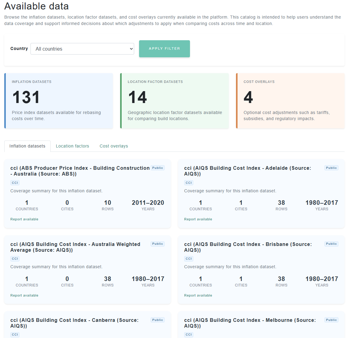 ICMSCosts data catalog screenshot