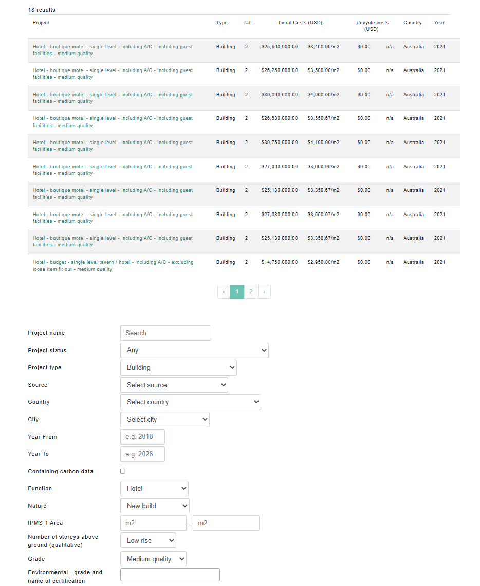 ICMSCosts search interface screenshot